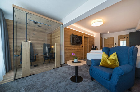 Cozy hotel room with armchair, glass sauna, double bed and wall-mounted TV in wood design